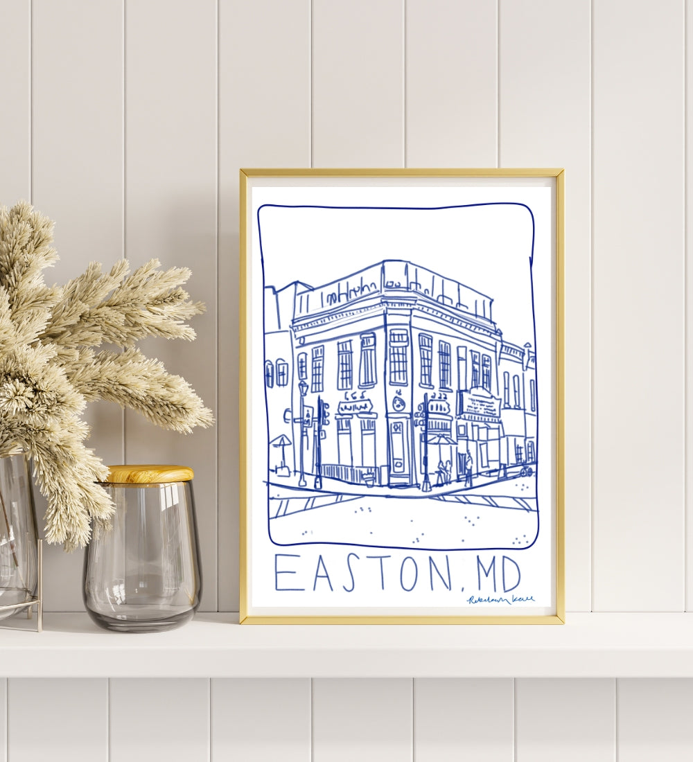 Easton Maryland Ink Scape - Blue Ink Downtown Sketch - PRINT