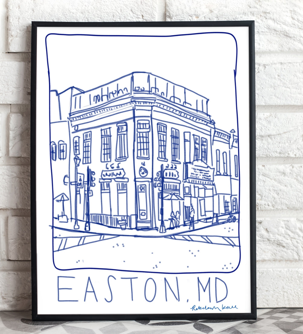 Easton Maryland Ink Scape - Blue Ink Downtown Sketch - PRINT