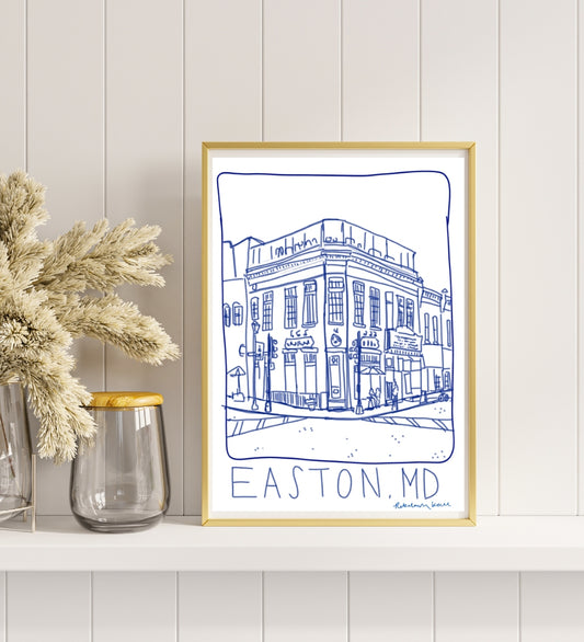 Easton Maryland Ink Scape - Blue Ink Downtown Sketch - PRINT